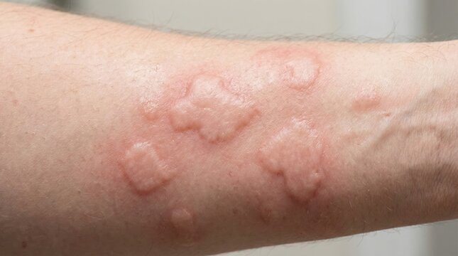 Urticaria hives flare-up on pale skin arm