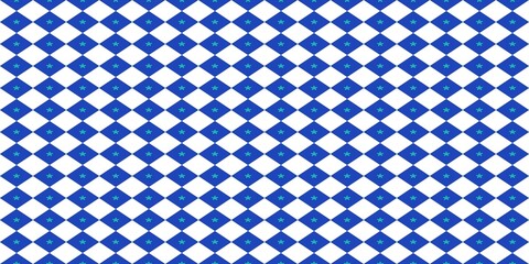 Seamless blue and white diamond pattern with teal star accents. Classic lozenge geometric background for festive Bavarian or elegant wallpaper design.