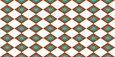 Seamless geometric diamond pattern with turquoise floral motifs on brown and white background. Elegant checkered tiling vector for textile, wallpaper, and classic interior decor. © Mr. Han Han