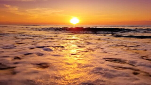 Golden sun setting over the ocean horizon, casting a warm glow on the sandy
