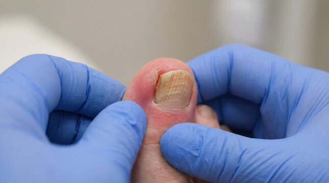 Podiatrist inspecting thick yellow fungal nail on big toe