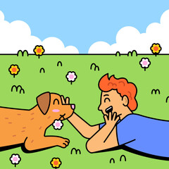 Happy boy lying on green grass and playing with his cute dog in a sunny park. Friendly pet interaction scene with flowers, blue sky, and clouds in simple cartoon style