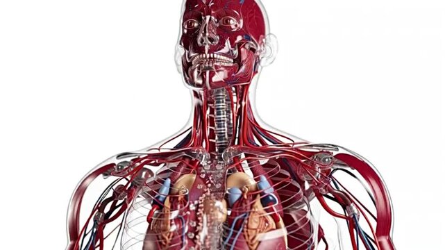 Detailed 3D rendering of the human circulatory and respiratory systems in the upper body, showcasing intricate anatomical structures.