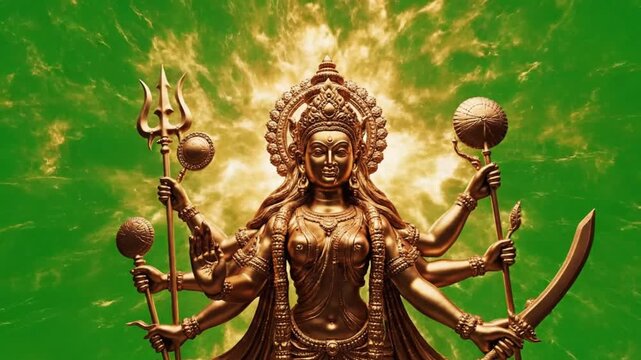 Maa durga Golden Deity Statue Divine Aura Green Background