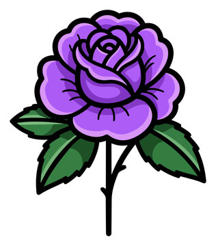 A purple rose vector illustration with a black outline and green leaves