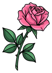 Fototapeta premium A vibrant cartoon pink rose with green leaves and a stem against a white backdrop
