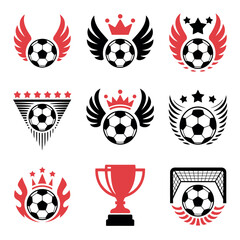 Naklejka premium Collection of soccer ball logos with wings crown and trophy