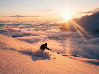 雲海と朝日（夕日）。黄金色の光の中、パウダースノーを滑走するスキーヤーのシルエット。大自然と冬のスポーツ。