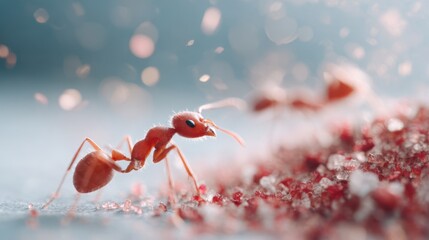 Naklejka premium Close-up of red ant foraging on sugar granules, with blurred background highlighting pest control and insect management themes
