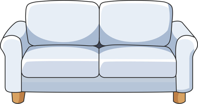 [Shadow version] Light blue two seater sofa illustration with wooden legs isolated on black background, comfortable couch icon for interior design and home furniture concepts.