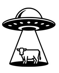 Minimalist black graphic of a UFO abducting a cow. This clean vector design features a flying saucer and tractor beam, capturing a classic sci-fi trope with bold, simple lines. © Suriya