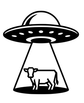 Minimalist black graphic of a UFO abducting a cow. This clean vector design features a flying saucer and tractor beam, capturing a classic sci-fi trope with bold, simple lines.