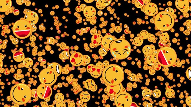 Animated Falling Yellow Emoji Faces Background on Black Landscape Canvas