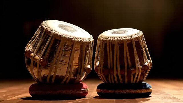 Two tabla drums, wood percussion instruments, sit, ready to be played. Close up in dim light, in a music school, indoor, still, closeup, India, rhythm.