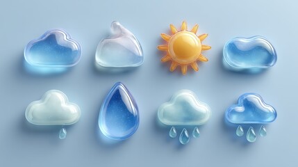 Set for weather isolated elements,Weather icons of clear sun, cloudy sky, snowfall, windy, thunderstorm, rain,raindrops,drizzle and others. Vector illustration,weather forecast app concept.