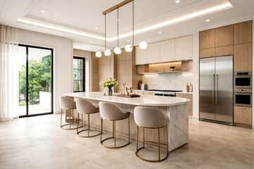 Fototapeta premium Luxury Modern Kitchen Interior with Marble Island, Wooden Cabinets and Stainless Steel Appliances