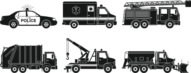 Emergency and Municipal Service Vehicles Set with Police Car Ambulance Fire Truck and Utility Trucks Vector Illustration Isolated on White Background © Ziyarul