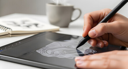 Fototapeta premium A close-up of a creative professional's hand using a high-precision stylus to draw a complex architectural illustration on a modern digital tablet.