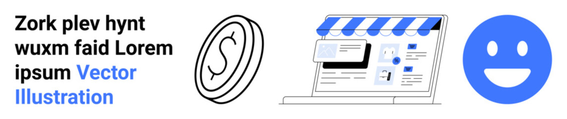 Fototapeta premium Digital marketing, online business, ecommerce solutions, financial transactions, branding, web services. Money symbol, online storefront interface smiling face icon. Ecommerce solutions and digital