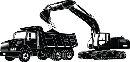 Excavator Loading Dump Truck Silhouette Vector Illustration Isolated on White Background for Construction Earthmoving and Heavy Equipment Industry D © Ziyarul