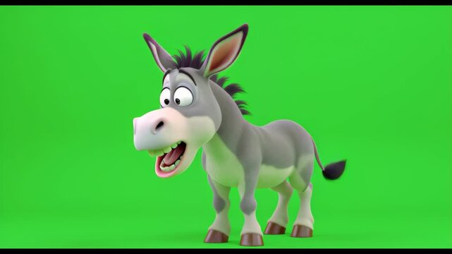 Expressive cartoon donkey making a silly face on a green screen background