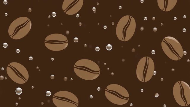 A repeating pattern on a dark brown background.  Floating light brown coffee beans with prominent crevices are dispersed with bubbles