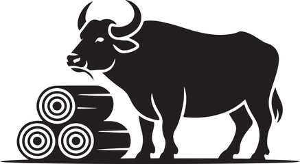 Powerful Water Buffalo Bull and Stacked Wood Logs Minimalist Vector Silhouette Icon