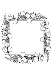A beautiful floral wreath frame with flowers and leaves, illustration, from a front view