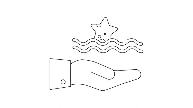 Hand holding starfish in ocean icon animation concept.