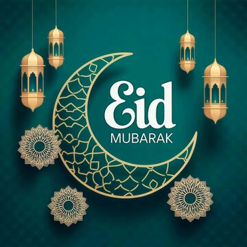 Elegant Eid Mubarak Greeting Card with Golden Crescent Moon and Lanterns on Green Background.