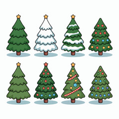 Fototapeta premium Collection of cartoon christmas trees with different decorations