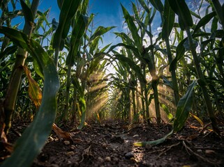 Sunlight filtering through a lush green cornfield at dawn or dusk.