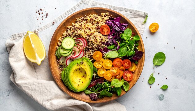 Top view of a colorful quinoa salad with mixed greens, cherry tomatoes, cucumber, avocado, and a lemon dressing, placed on a wooden plate, soft lighting, minimal background.
