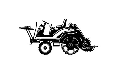 Black and White Vector Illustration of a Compact Tractor with Lawn Mower Attachment