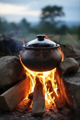 Traditional Cooking Over an Open Fire with Black Pot on Campfire in the Forest.