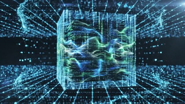 Abstract glowing data cube surrounded by a futuristic network connection