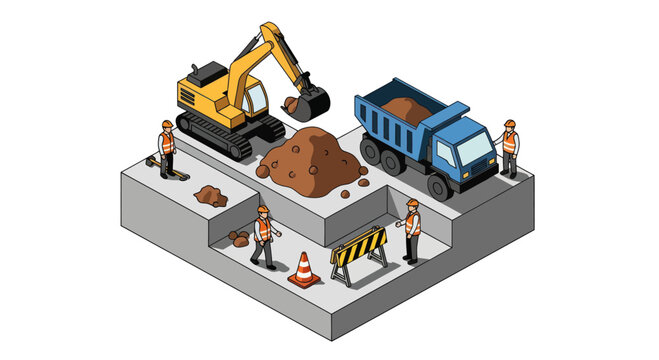 Construction Site with Excavator and Dump Truck Isometric View.