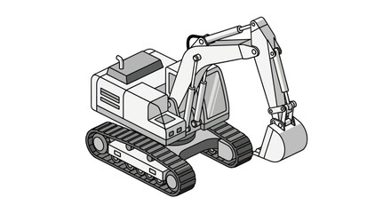 Detailed isometric line drawing of a heavy construction excavator. © Truk