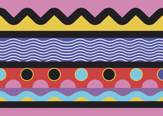 Horizontal bands of black zigzags white waves and colorful circles are arranged in rows across a bright pink and purple vector background.