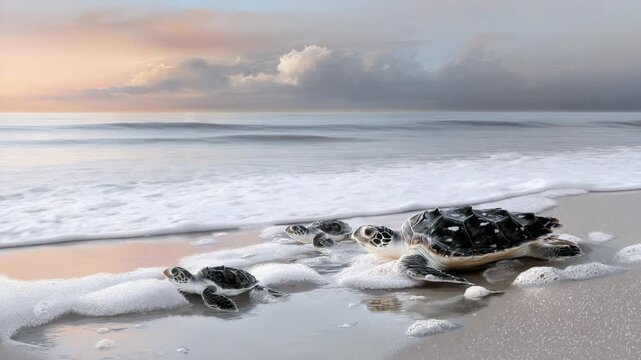 Sea Turtles Hatchlings Journey to Ocean at Sunrise on Sandy Beach