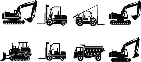 Construction heavy equipment vehicles silhouette set with excavator forklift bulldozer dump truck industrial machinery vector illustration collection © MdTajemul