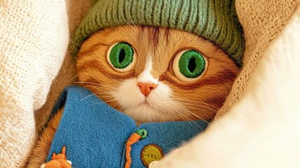 Cute Orange Cat Wearing Knit Hat Close Up Portrait