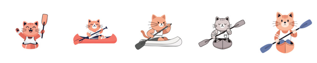 Obraz premium Cute Cats kayaking adventure paddling activities flat vector character collection