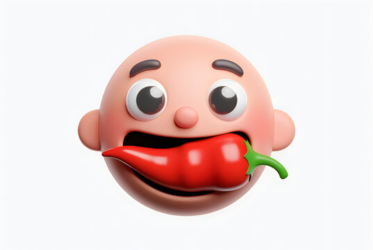 A cartoon face eating a red hot pepper isolated on white background