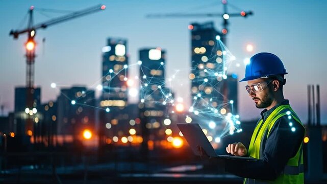 Architectural Blueprint: A dedicated engineer meticulously works on a laptop, orchestrating the design of a modern city at dusk.