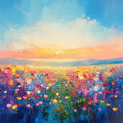 oil painting grungy texture illustration, beautiful flower field with morning sunlight at horizon  high resolution   for isolate image
