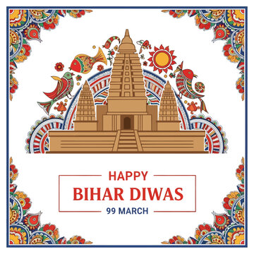 Celebrating Bihar Day with traditional temple illustration surrounded by cultural motifs and vibrant designs