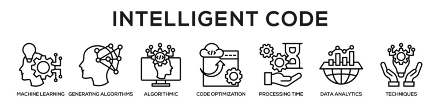 Line - Intelligent Code web banner icon vector illustration concept for business with icon of Machine Learning, generating algorithms, algorithmic, Code Optimization, processing time, Data Analytics,.