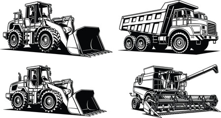 Heavy Construction and Agricultural Machinery Set Featuring Wheel Loader Dump Truck and Combine Harvester Detailed Black and White Vector Illustration Collection © MdAnowarHossain