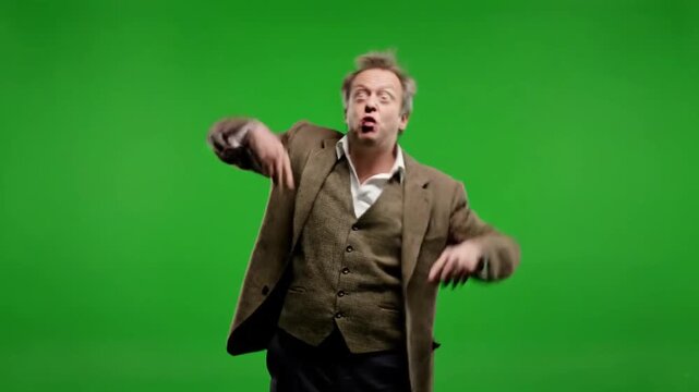 Man in brown suit gesturing emphatically in front of green screen